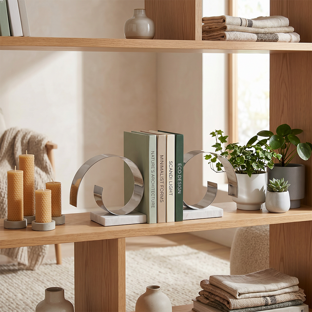 Decorative Silver Spiral C-Form Bookends with White Marble Base Set of 2– Modern Stainless Steel & Marble Book-Ends for Shelves, Desk & Living Room