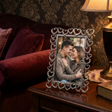 Heart Picture Frame, Silver Metal Photo Frame with Crystal Accents – Openwork Tabletop Decor