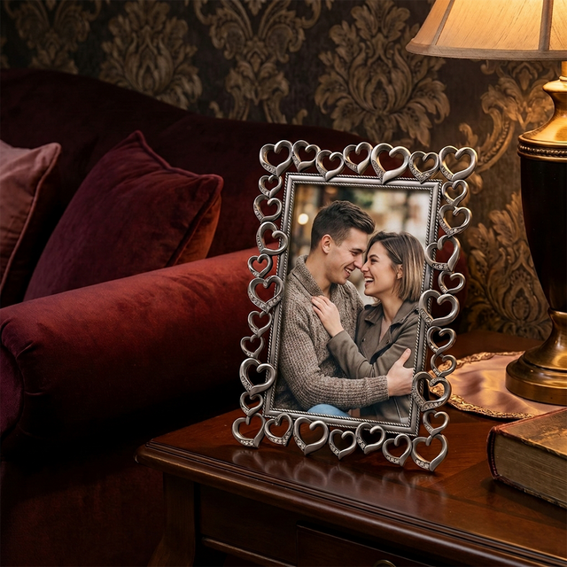 Heart Picture Frame, Silver Metal Photo Frame with Crystal Accents – Openwork Tabletop Decor