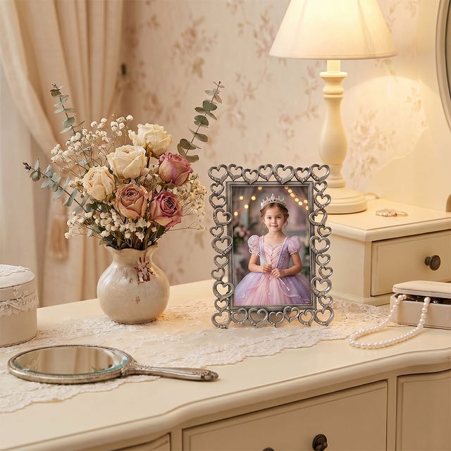 Heart Picture Frame, Silver Metal Photo Frame with Crystal Accents – Openwork Tabletop Decor