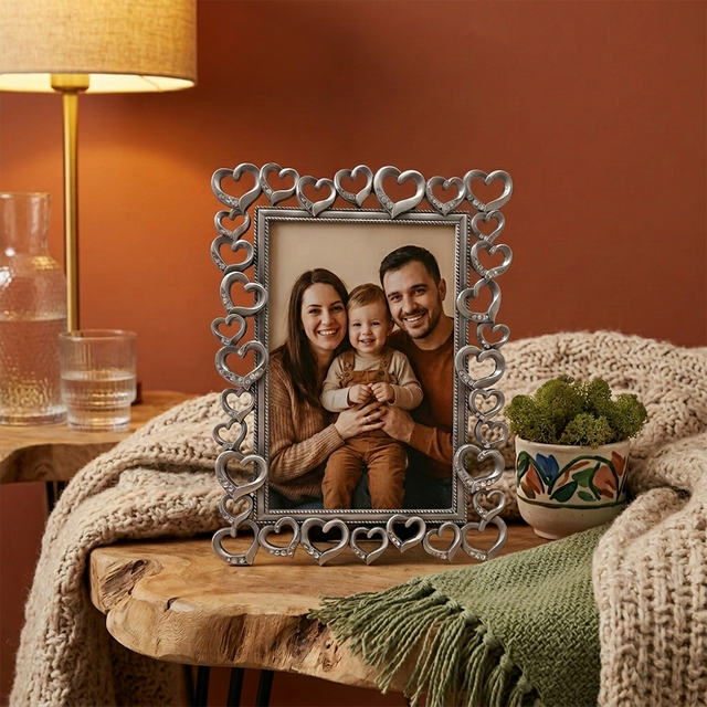 Heart Picture Frame, Silver Metal Photo Frame with Crystal Accents – Openwork Tabletop Decor