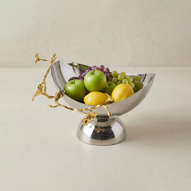 Silver fruit bowl with gold branches
