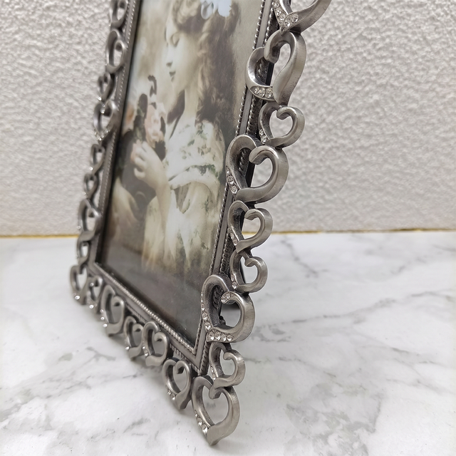 Heart Picture Frame, Silver Metal Photo Frame with Crystal Accents – Openwork Tabletop Decor