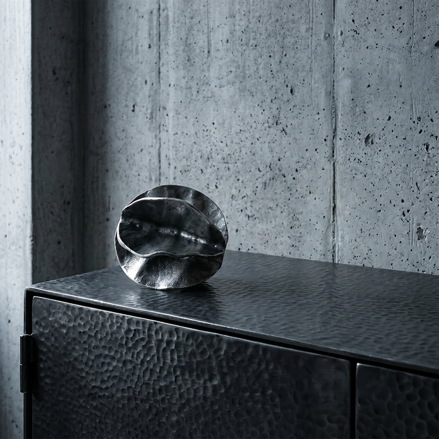 Sculptural Aluminum Orb — Folded Petal Design, Hand-Aged Antique Silver Finish | Decorative Accent for Shelf, Mantel & Sideboard