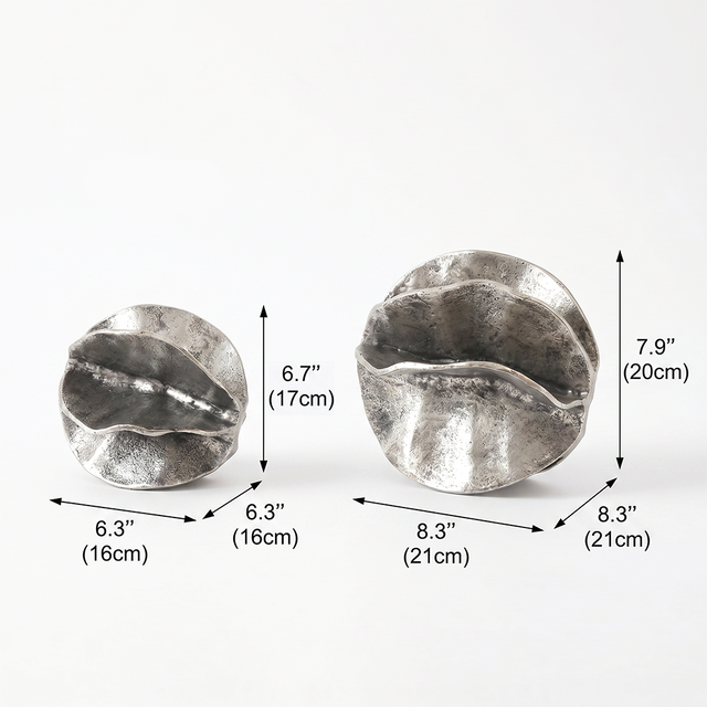 Sculptural Aluminum Orb — Folded Petal Design, Hand-Aged Antique Silver Finish | Decorative Accent for Shelf, Mantel & Sideboard
