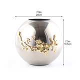 Silver Globe Vase with Gold Floral Accent — Glam Mirror-Polished Metal Sphere Vase
