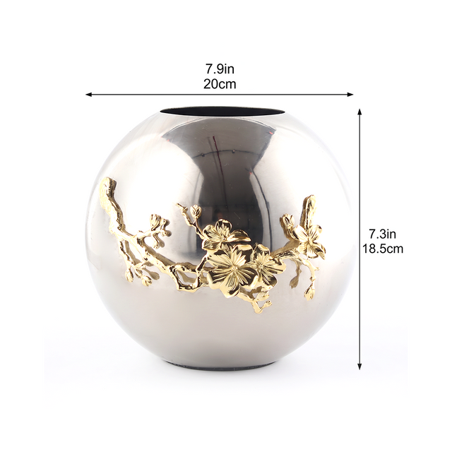 Silver Globe Vase with Gold Floral Accent — Glam Mirror-Polished Metal Sphere Vase