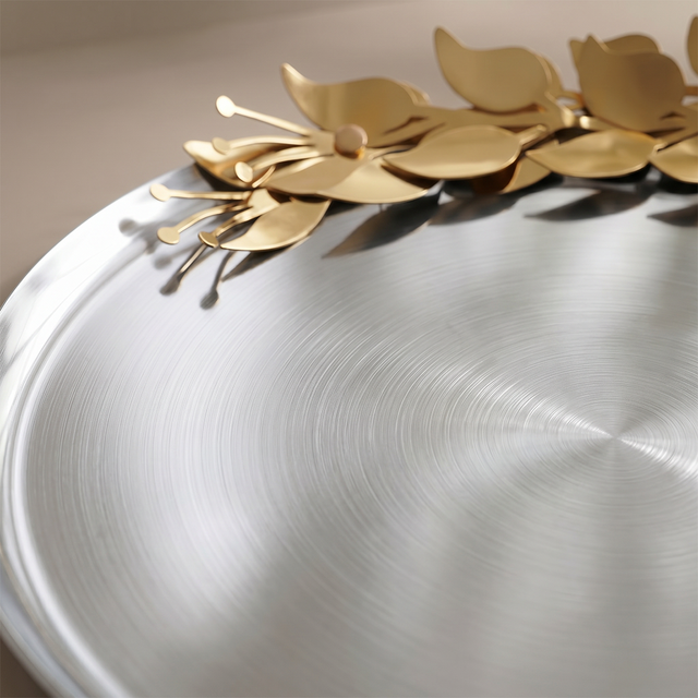 Round Stainless Steel Decorative Tray — Brushed Silver Serving Tray with Gold Metal Floral Accent, Botanical Vanity & Coffee Table Organizer