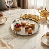 Round Stainless Steel Decorative Tray — Brushed Silver Serving Tray with Gold Metal Floral Accent, Botanical Vanity & Coffee Table Organizer