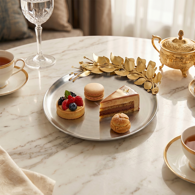 Round Stainless Steel Decorative Tray — Brushed Silver Serving Tray with Gold Metal Floral Accent, Botanical Vanity & Coffee Table Organizer