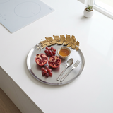 Round Stainless Steel Decorative Tray — Brushed Silver Serving Tray with Gold Metal Floral Accent, Botanical Vanity & Coffee Table Organizer