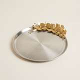Round Stainless Steel Decorative Tray — Brushed Silver Serving Tray with Gold Metal Floral Accent, Botanical Vanity & Coffee Table Organizer