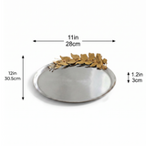 Round Stainless Steel Decorative Tray — Brushed Silver Serving Tray with Gold Metal Floral Accent, Botanical Vanity & Coffee Table Organizer