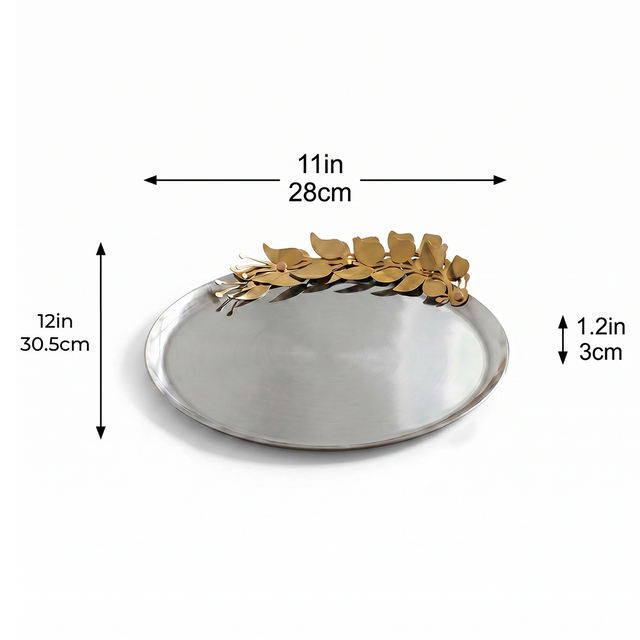 Round Stainless Steel Decorative Tray — Brushed Silver Serving Tray with Gold Metal Floral Accent, Botanical Vanity & Coffee Table Organizer