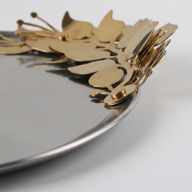 Round Stainless Steel Decorative Tray — Brushed Silver Serving Tray with Gold Metal Floral Accent, Botanical Vanity & Coffee Table Organizer