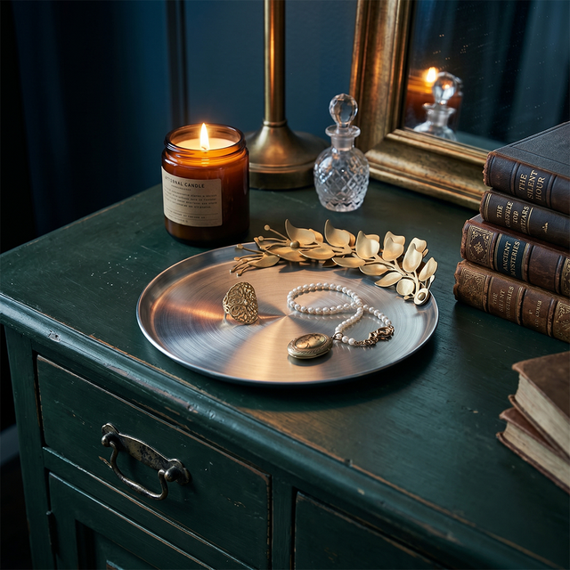 Round Stainless Steel Decorative Tray — Brushed Silver Serving Tray with Gold Metal Floral Accent, Botanical Vanity & Coffee Table Organizer