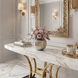 Silver Globe Vase with Gold Floral Accent — Glam Mirror-Polished Metal Sphere Vase