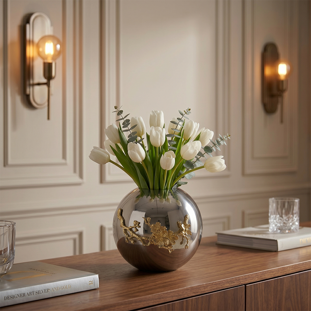 Silver Globe Vase with Gold Floral Accent — Glam Mirror-Polished Metal Sphere Vase