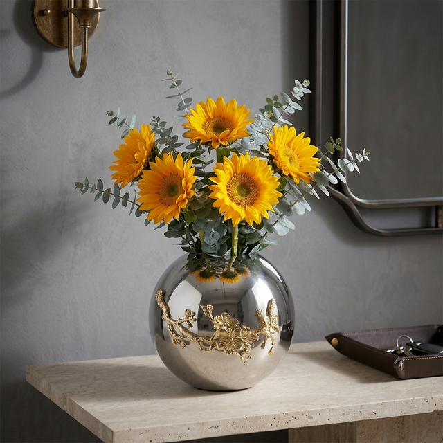 Silver Globe Vase with Gold Floral Accent — Glam Mirror-Polished Metal Sphere Vase