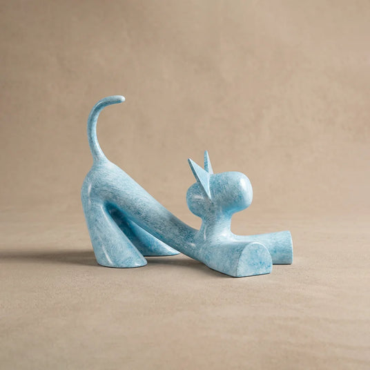 Sky Blue Stretching Cat Resin Sculpture