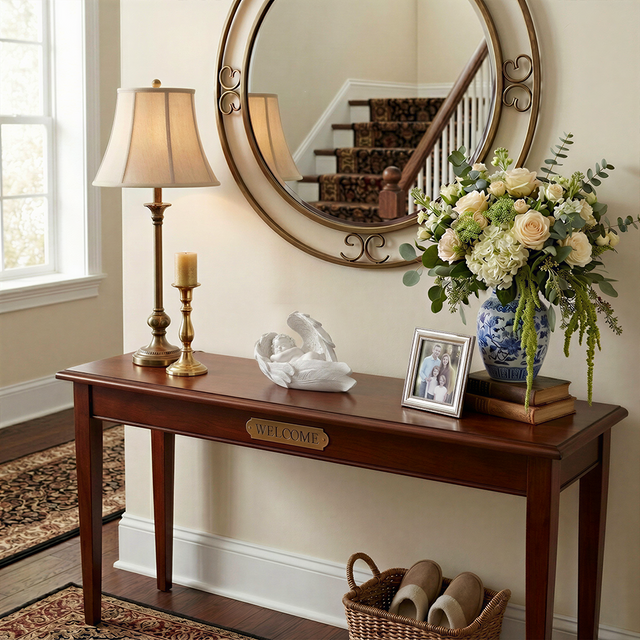 Sleeping cherub figurine on entry console-table
