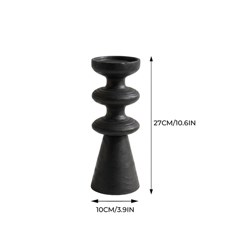 Black Pillar Candle Holder — Stacked Turned Solid Wood Candlestick, Modern Vintage Style Pillar Holder for Mantel, Dining Table & Console