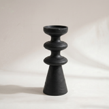 Black Pillar Candle Holder — Stacked Turned Solid Wood Candlestick, Modern Vintage Style Pillar Holder for Mantel, Dining Table & Console