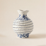 Blue and White Floral Ceramic Vase, Hand-Painted Textured Wabi-Sabi Decor for Dining Table, Console, Entryway