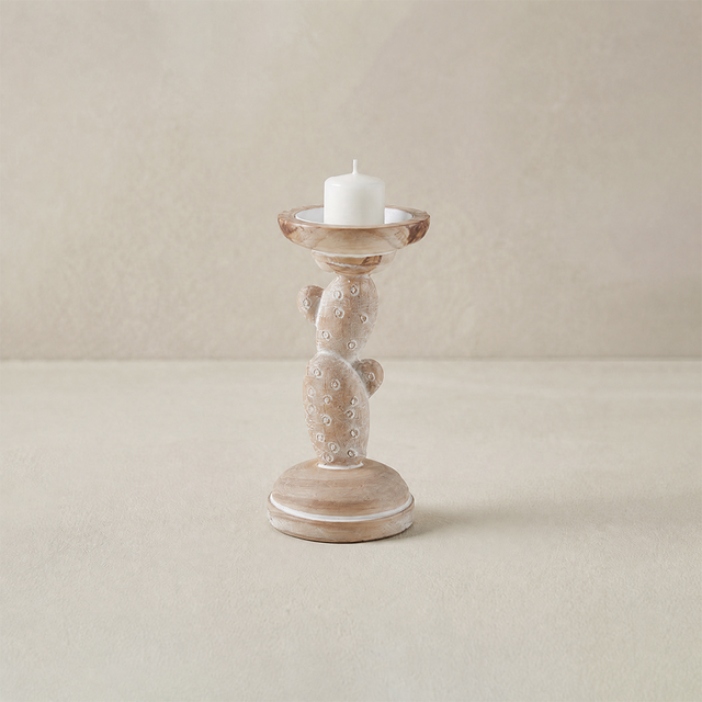 Handcrafted Wood Cactus Candle Holder - Whitewashed Rustic Boho Candlestick for Table, Shelf & Mantel