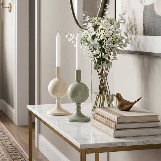 Modern Glossy Metal Ball Taper Candle Holder Set of 2, Powder Coated Sphere Pedestal Candlestick Holders for Dining Table Centerpiece