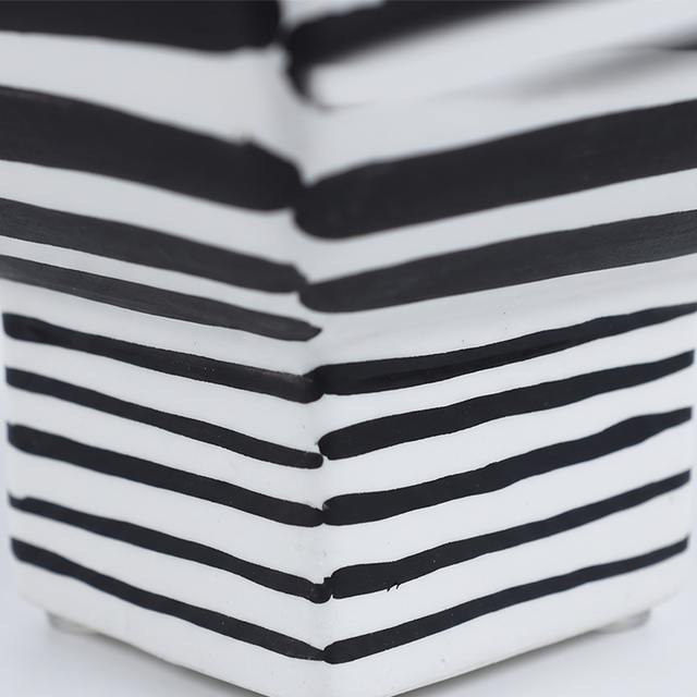 Black and White Striped Ceramic Pedestal Decorative Object, Hand Painted Accent Piece for Entryway, Console, and Coffee Table Decor