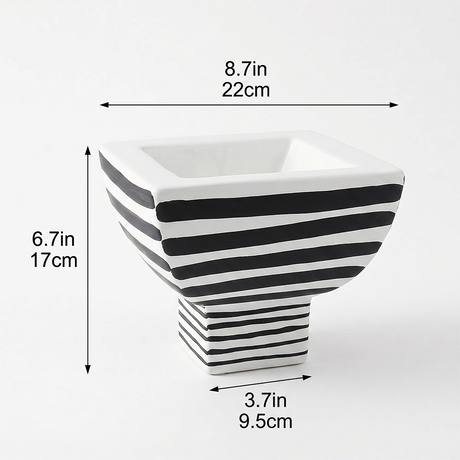 Black and White Striped Ceramic Pedestal Decorative Object, Hand Painted Accent Piece for Entryway, Console, and Coffee Table Decor