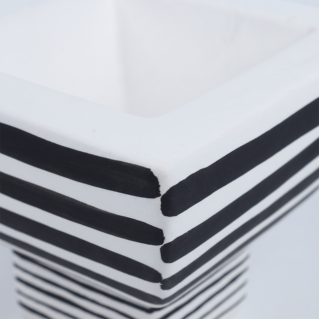 Black and White Striped Ceramic Pedestal Decorative Object, Hand Painted Accent Piece for Entryway, Console, and Coffee Table Decor