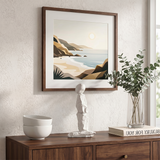 Standing abstract figure on entry wood cabinet