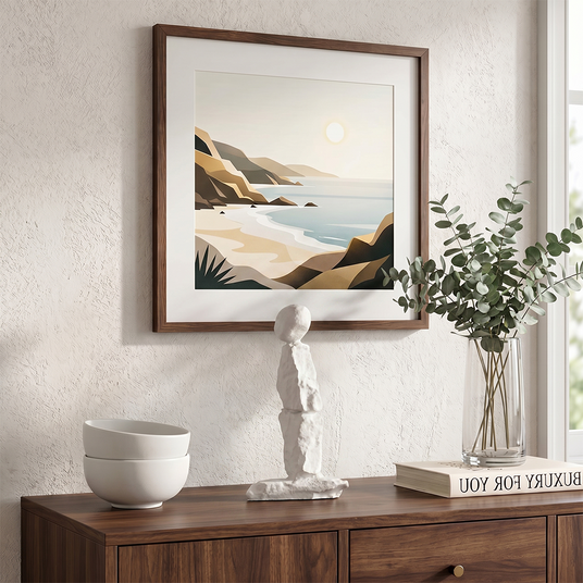 Standing abstract figure on entry wood cabinet