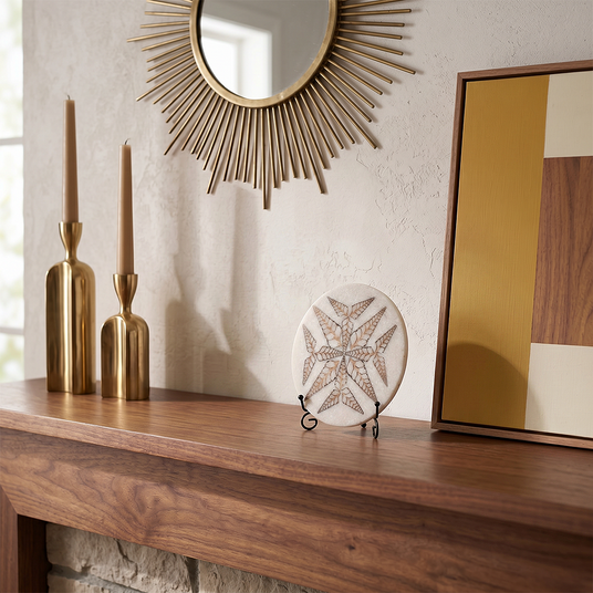 Stone decor plaque on walnut hallway sideboard