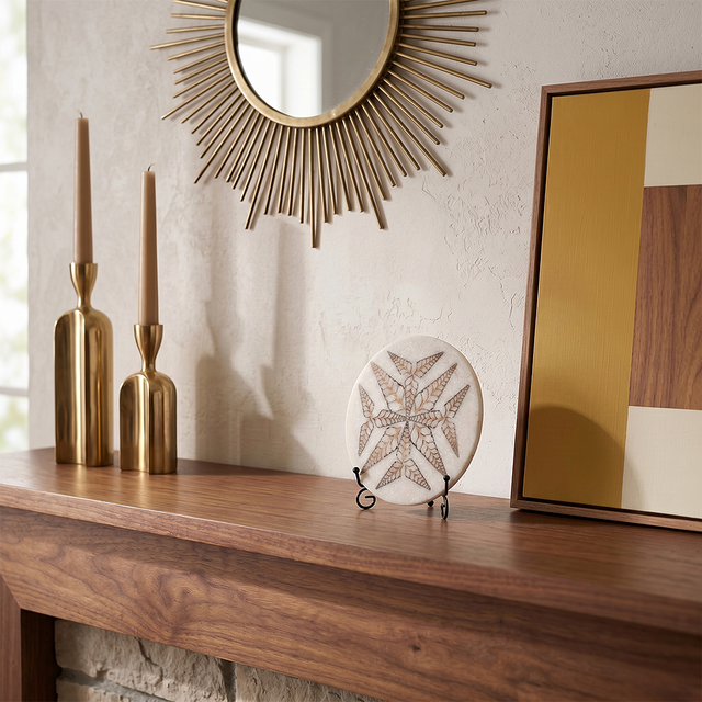 Stone decor plaque on walnut hallway sideboard