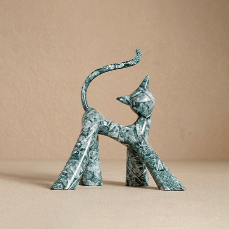Teal Marble Walking Cat Resin Sculpture