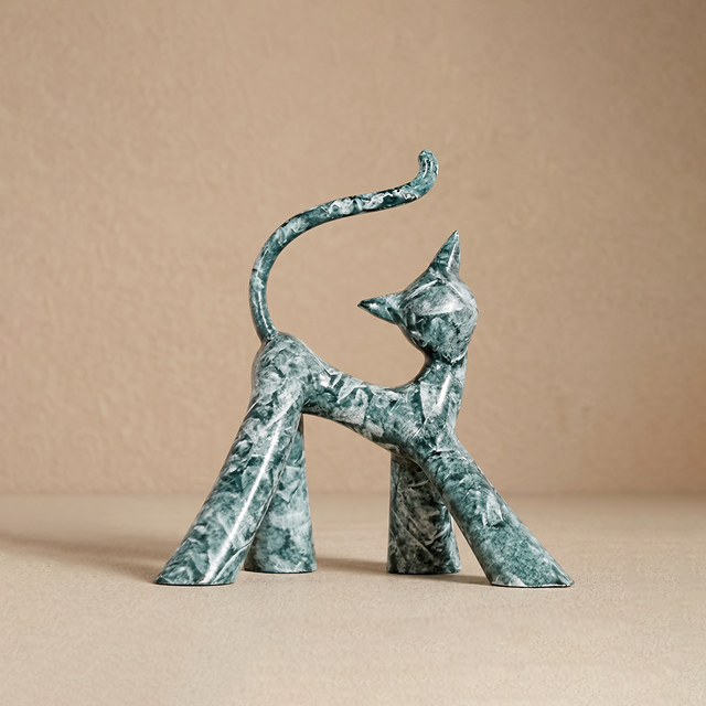 Teal Marble Walking Cat Resin Sculpture