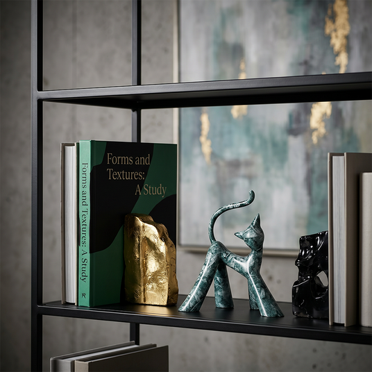 Teal Walking Cat On Black Bookshelf