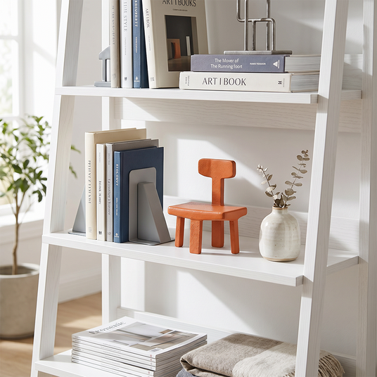 Terracotta chair decor on ladder style bookrack