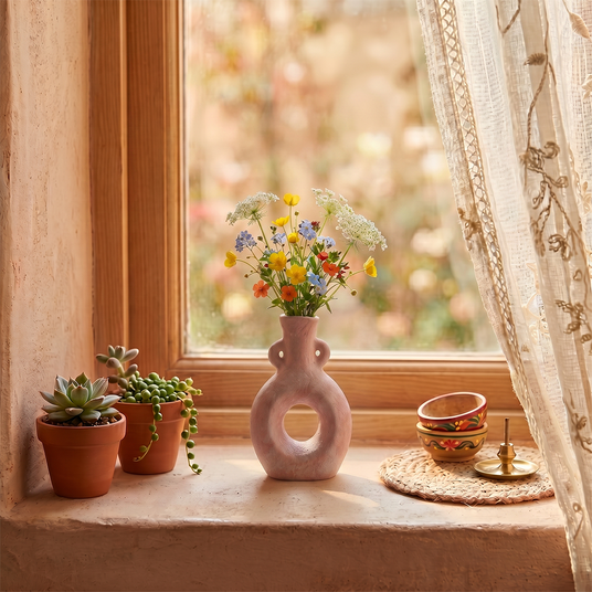 Textured clay vase placed-on window-sill