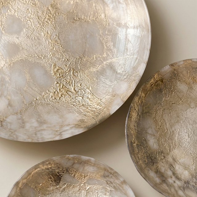 Decorative Glass Plate with Gold Foil Texture — Amber Pearl Finish, Concave Catchall Dish for Wall Art, Mantel & Shelf Display, Modern Organic Home Décor