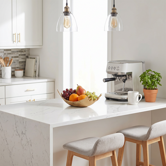 Textured metal bowl on white kitchen countertop