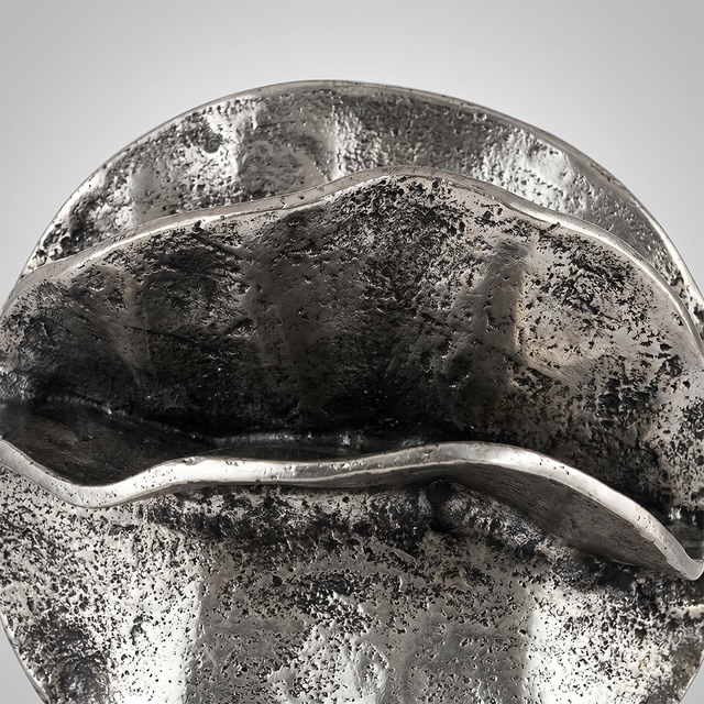 Sculptural Aluminum Orb — Folded Petal Design, Hand-Aged Antique Silver Finish | Decorative Accent for Shelf, Mantel & Sideboard