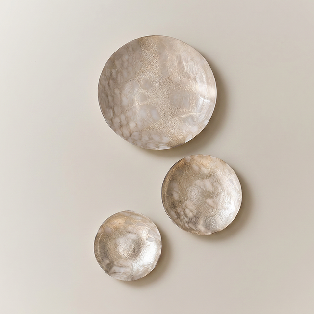 Decorative Glass Plate with Gold Foil Texture — Amber Pearl Finish, Concave Catchall Dish for Wall Art, Mantel & Shelf Display, Modern Organic Home Décor