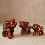Set of 3 Resin Elephant Figurines – Rosewood Finish, Gold & Silver Embossed Floral Saddles, Lucky Elephant Statues for Mantel Shelf Home Decor
