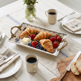 Blue and White Porcelain Serving Tray with Antique Alloy Handles — Crackle Glaze Decorative Tray, Chinoiserie Peony Pattern, Vanity Organizer & Jewelry Tray