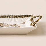 Baroque Ceramic Tray with Antique Gold Handles, Crackle Glaze Decorative Serving Tray with Ornate Floral Medallion Pattern, Vanity Organizer & Console Table Decor