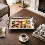 Baroque Ceramic Tray with Antique Gold Handles, Crackle Glaze Decorative Serving Tray with Ornate Floral Medallion Pattern, Vanity Organizer & Console Table Decor